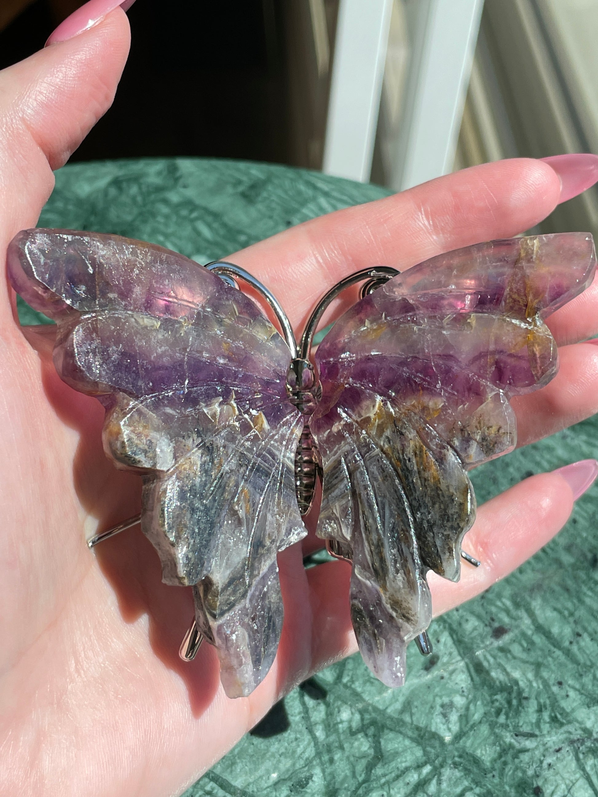 Natural Stone Butterfly Feathered Root Fluorite Crystal Carving Metaphysical Collection Display Spirit Guide Mineral Specimen Purple Gold Pattern Sacred Space Enhancement Spiritual Focus Object Beautiful Transformation Symbol Crystal Energy
