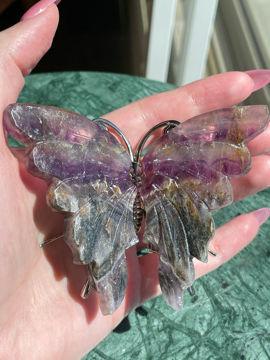 Natural Stone Butterfly Feathered Root Fluorite Crystal Carving Metaphysical Collection Display Spirit Guide Mineral Specimen Purple Gold Pattern Sacred Space Enhancement Spiritual Focus Object Beautiful Transformation Symbol Crystal Energy