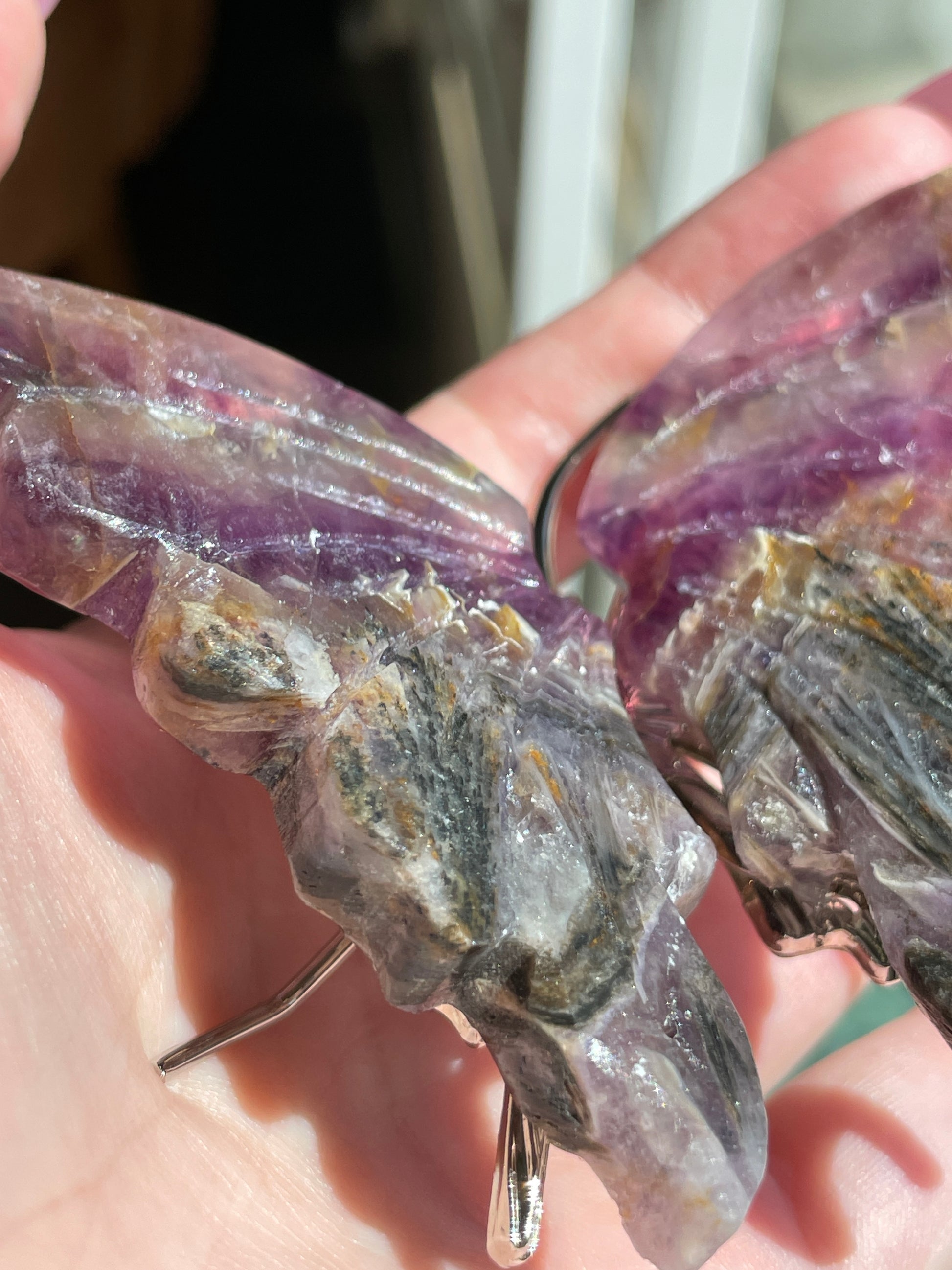 Handcrafted Crystal Butterfly Natural Stone Art Feathered Root Fluorite Premium Display Piece Spiritual Guide Symbol Purple Gold Pattern Beautiful Mineral Specimen Sacred Space Enhancement Crystal Energy Collection Transformation Art Object