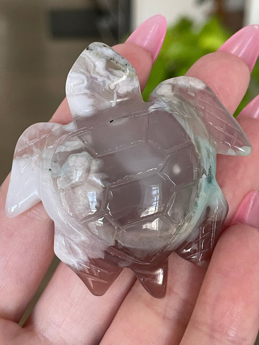 Green Flower Agate sea turtle crystal carving for meditation, healing, and home decor.