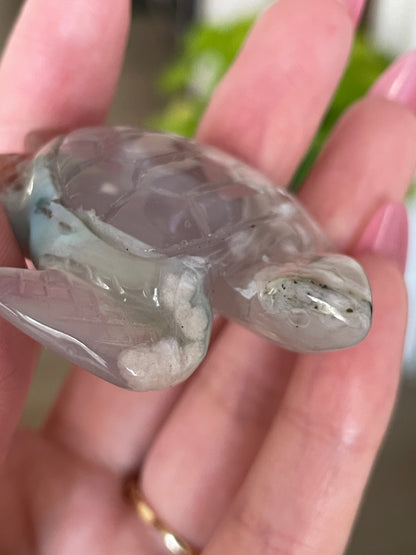Green Flower Agate turtle carving for mindfulness, energy work, and crystal collectors.