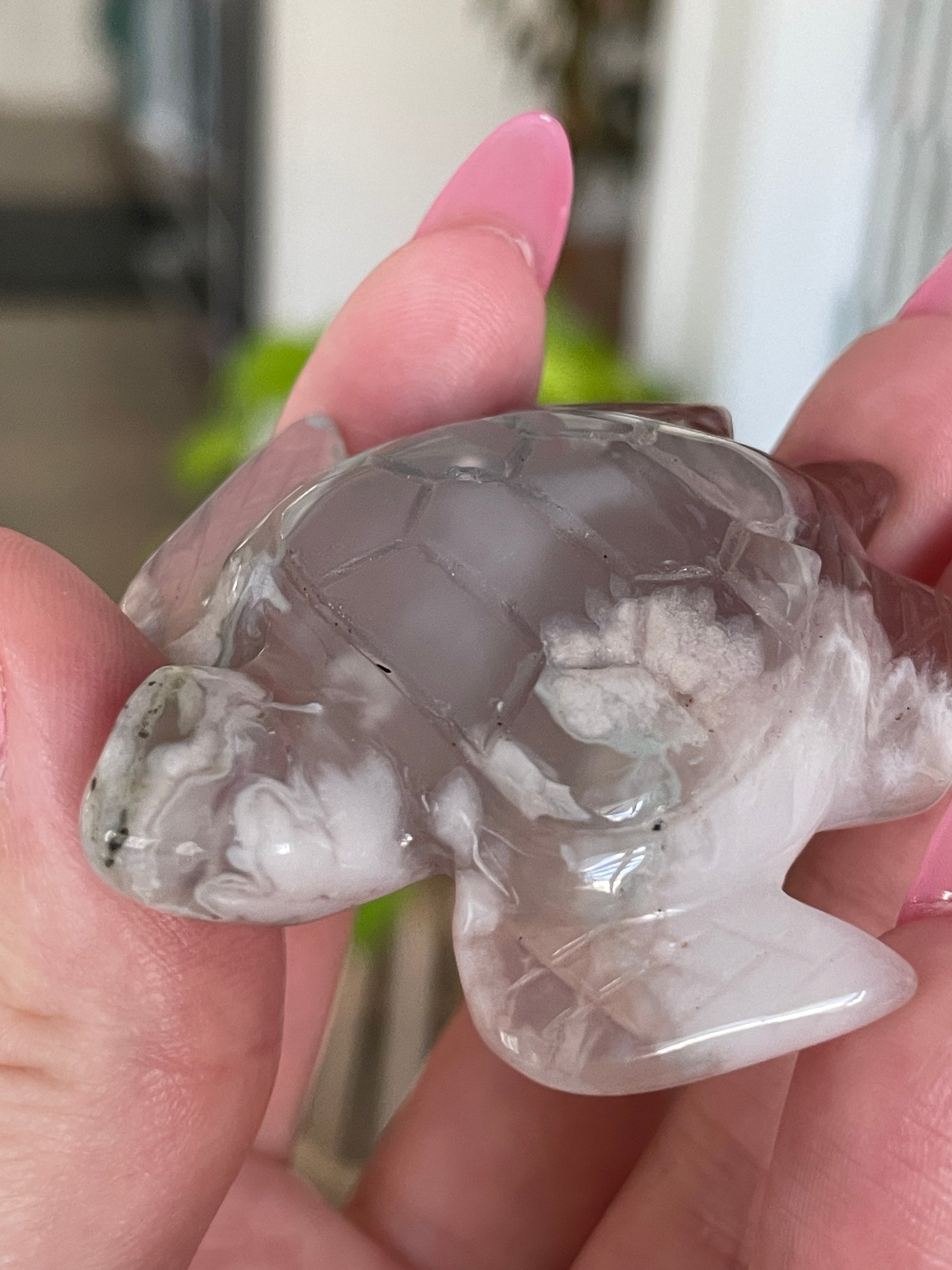 Polished agate turtle crystal with soothing green tones and unique flower-like patterns.