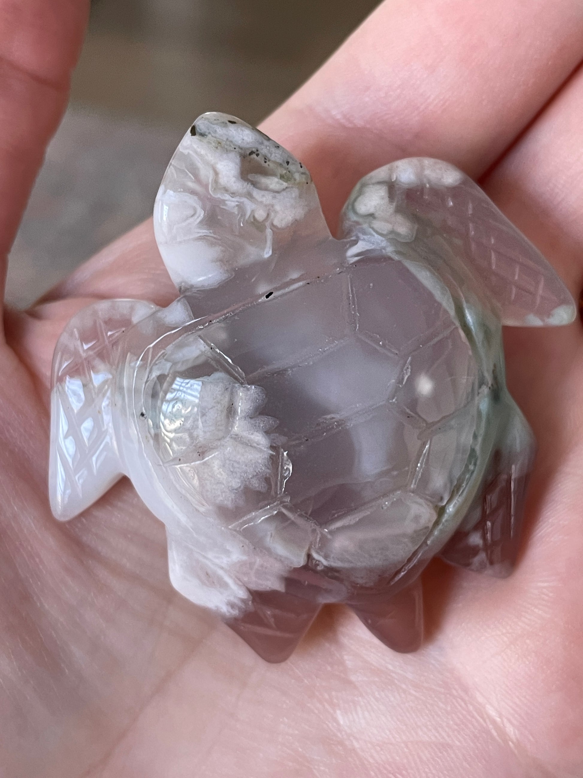 Green Flower Agate turtle carving for mindfulness, energy work, and crystal collectors.