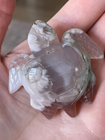 Green Flower Agate turtle carving for mindfulness, energy work, and crystal collectors.
