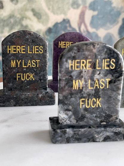 gravestone carving natural crystal carving funny halloween crystal here lies my last fuck headstone carving crystal tombstone 2.7 inch natural halloween decor