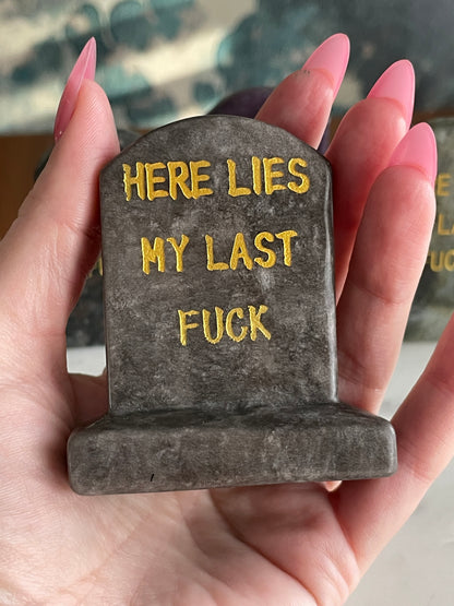 gravestone carving natural silver sheen obsidian crystal carving funny halloween crystal here lies my last fuck headstone carving crystal tombstone 2.7 inch natural halloween decor