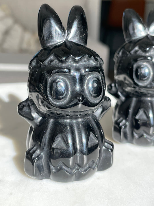 Black obsidian Labubu decor halloween crystal display spooky season gift 3 inch labubu figurine black labubu pumpkin natural decor jack-o-lantern display labubu halloween pumpkin carving