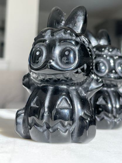 Black obsidian Labubu decor halloween crystal display spooky season gift 3 inch labubu figurine black labubu pumpkin natural decor jack-o-lantern display labubu halloween pumpkin carving