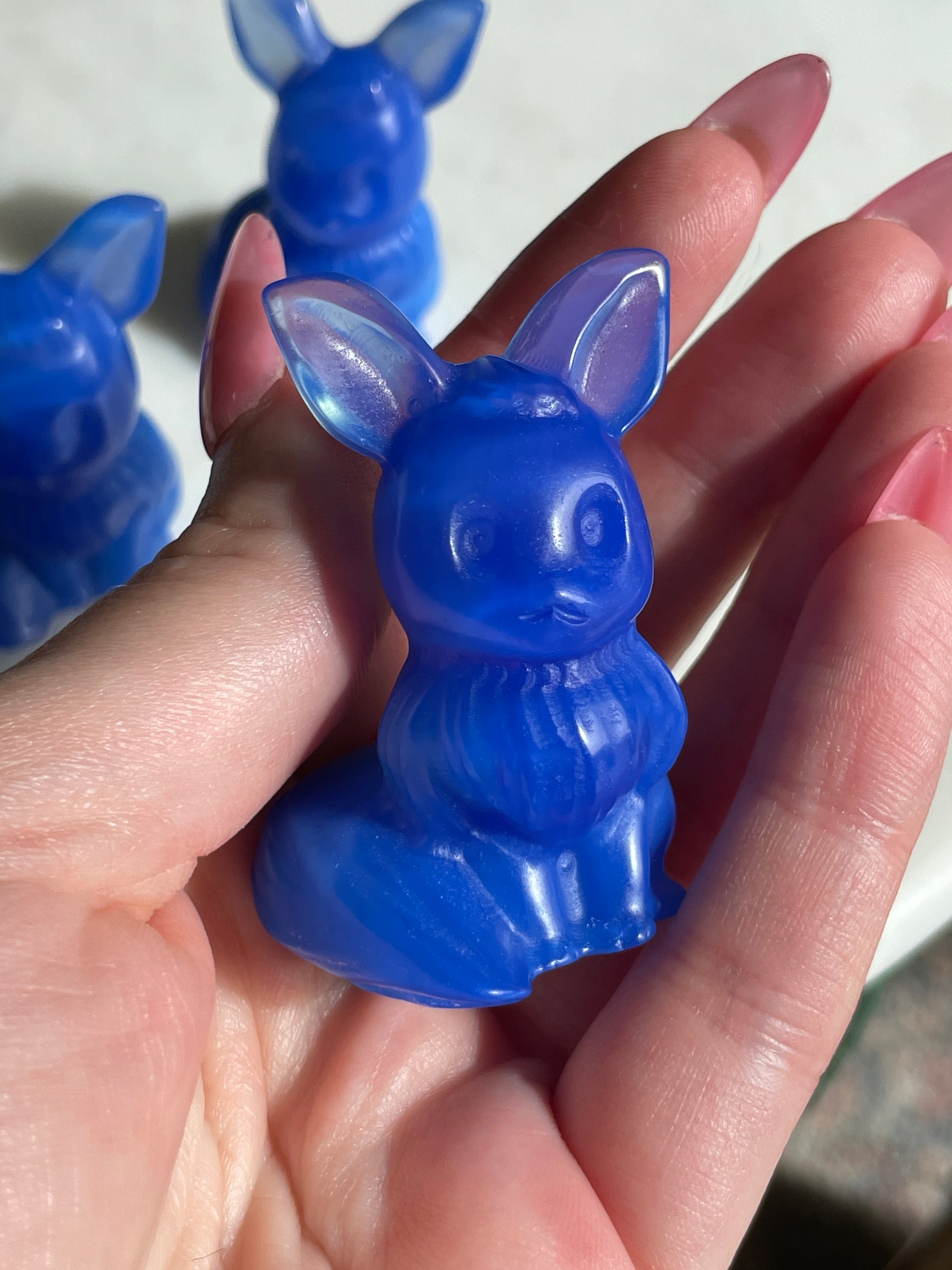 Pokémon figurine Evee carving opalite 
 Evee blue opalite display collectible blue pokemon gift for child Pokemon decor Evee stocking stuffer pokemon gift