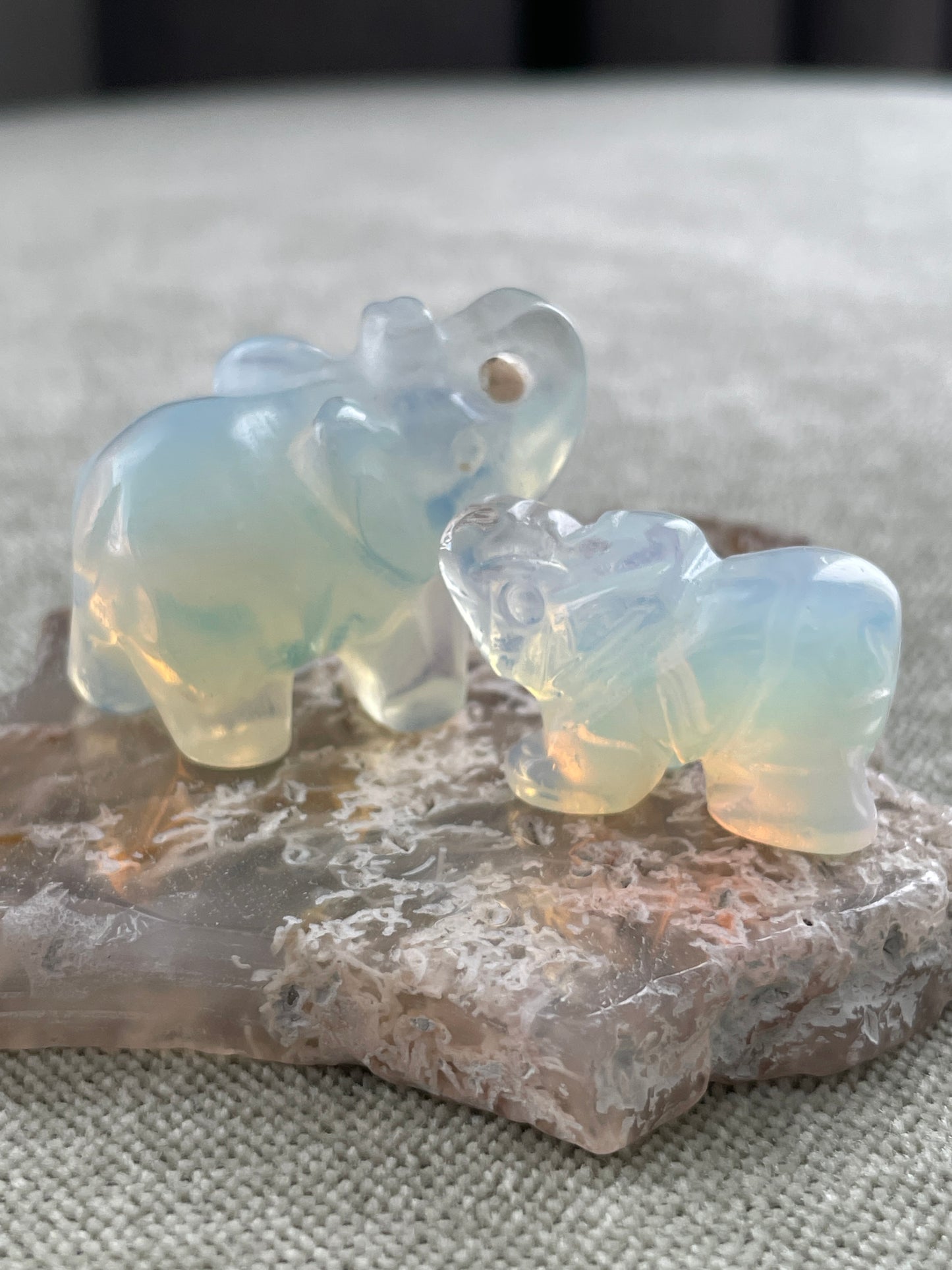 opalite crystal elephant carving in two sizes, healing stone for communication and positivity
