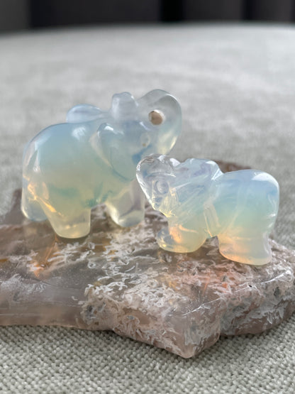 opalite crystal elephant carving in two sizes, healing stone for communication and positivity