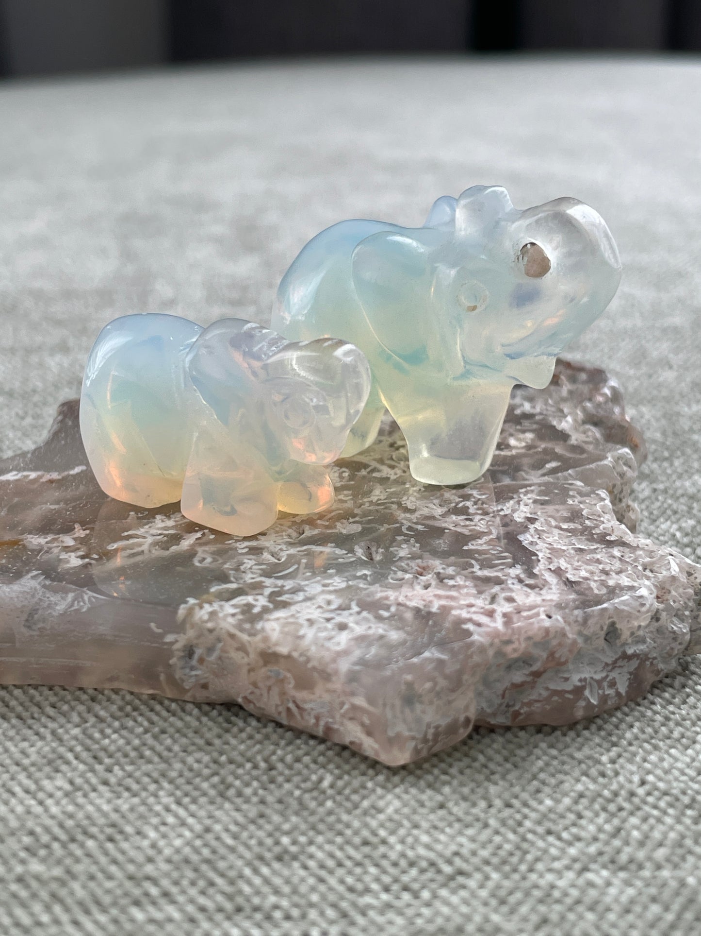 opalite crystal elephant carving in two sizes, healing stone for communication and positivity