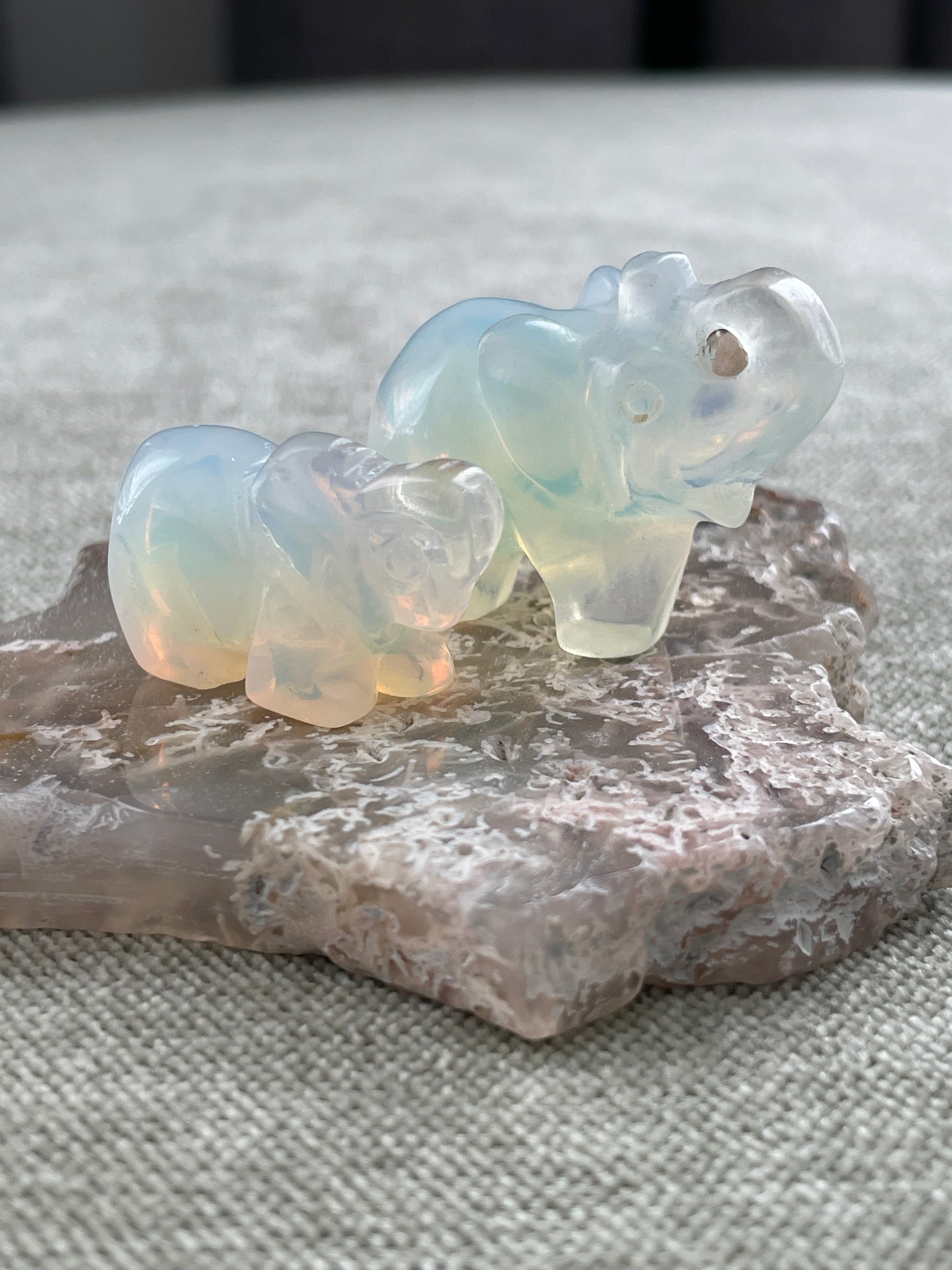 opalite crystal elephant carving in two sizes, healing stone for communication and positivity