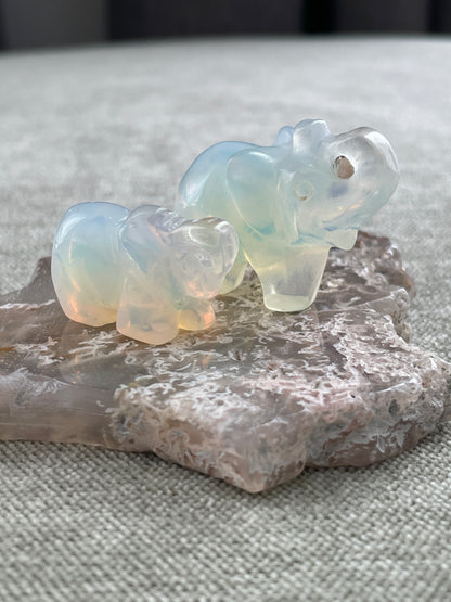 opalite crystal elephant carving in two sizes, healing stone for communication and positivity