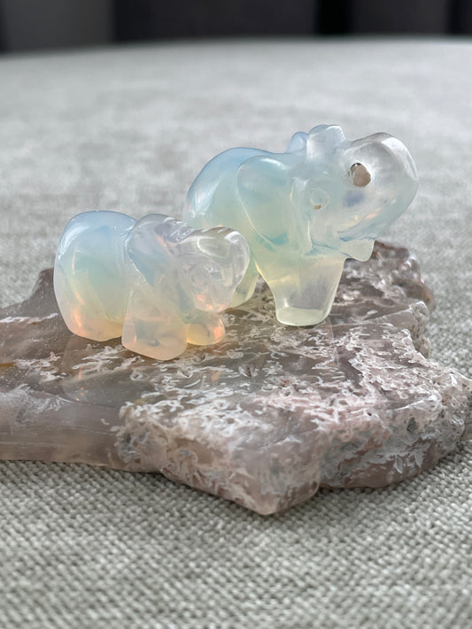 opalite crystal elephant carving in two sizes, healing stone for communication and positivity