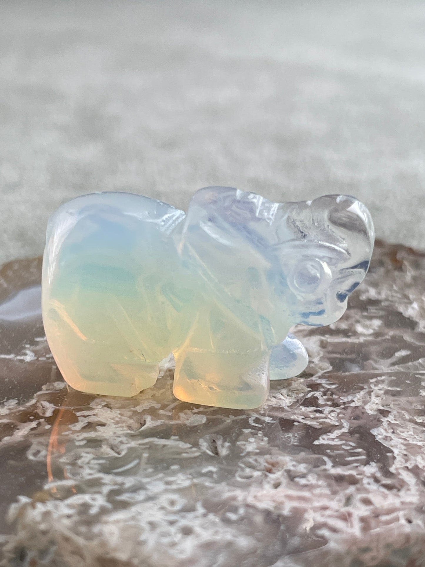 tiny opalite elephant figurine, soothing crystal animal carving for mindfulness and serenity