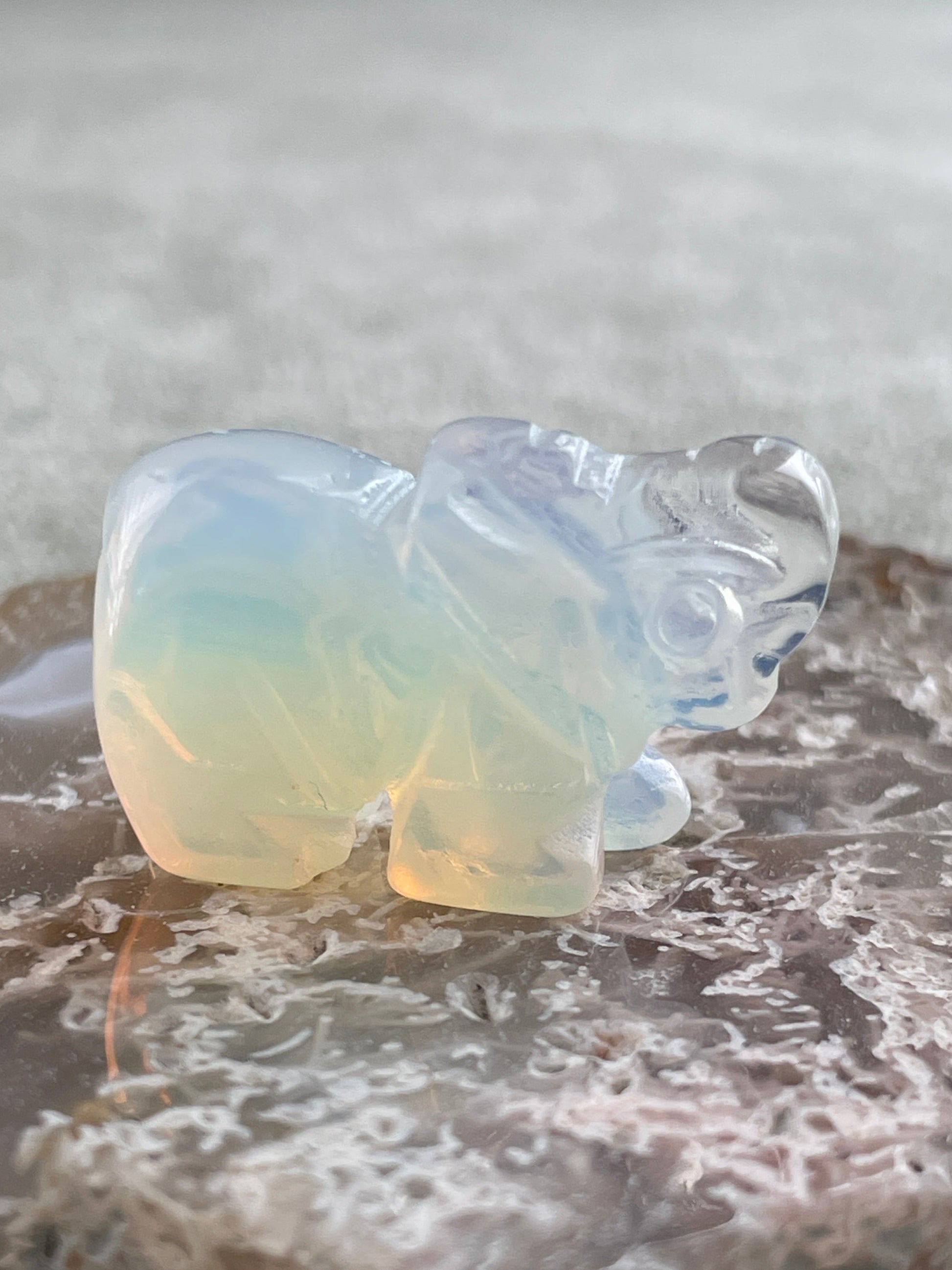 tiny opalite elephant figurine, soothing crystal animal carving for mindfulness and serenity