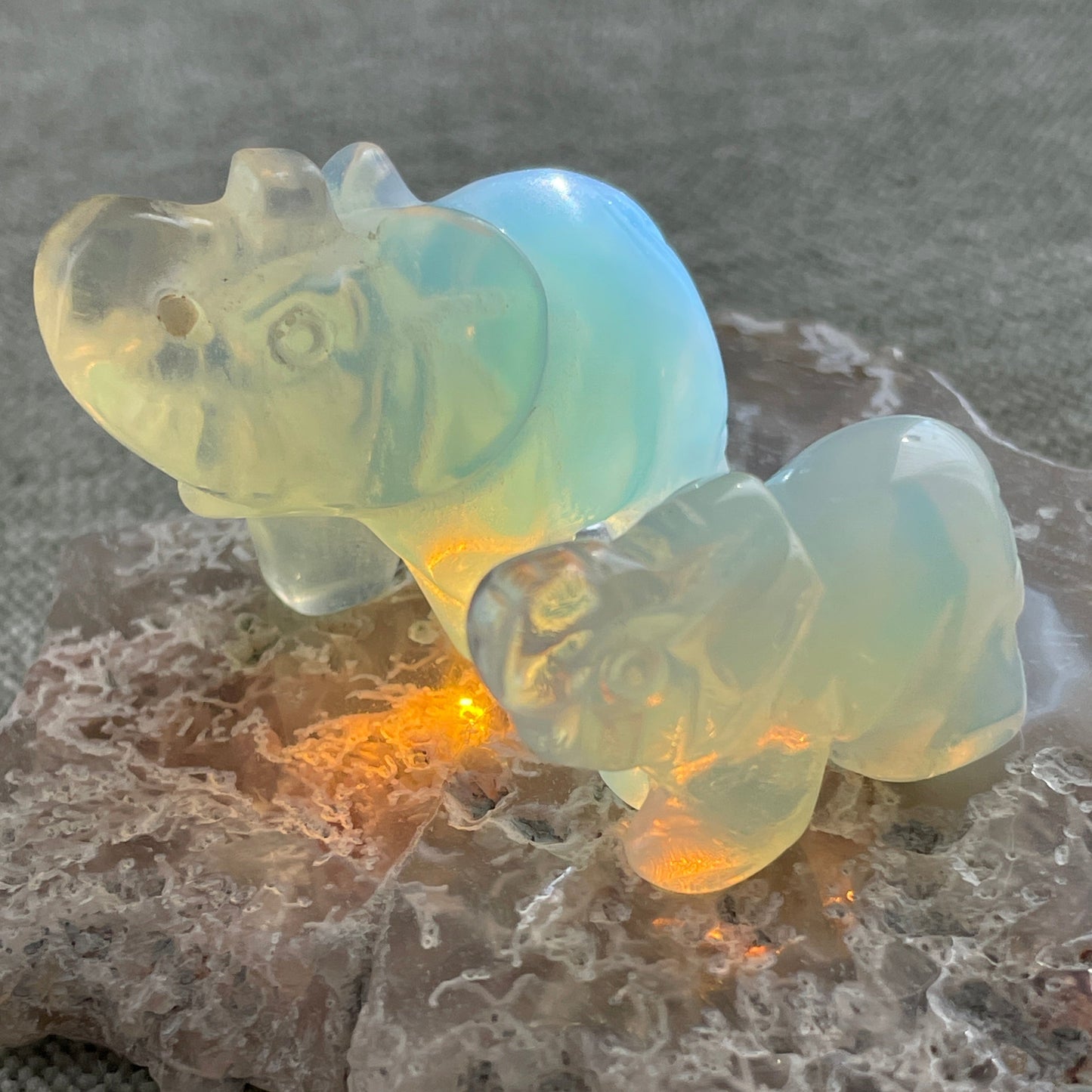 opalite crystal elephant carving in two sizes, healing stone for communication and positivity