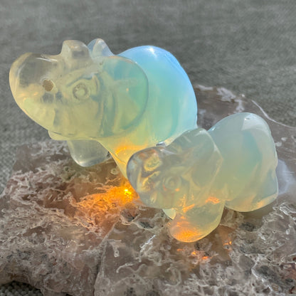 opalite crystal elephant carving in two sizes, healing stone for communication and positivity
