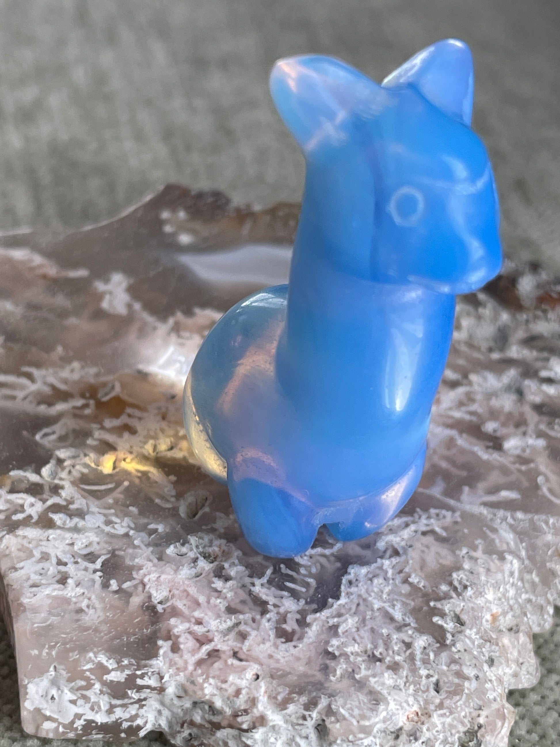 1.4 inch opalite alpaca carving, glowing blue crystal for resilience and peaceful energy