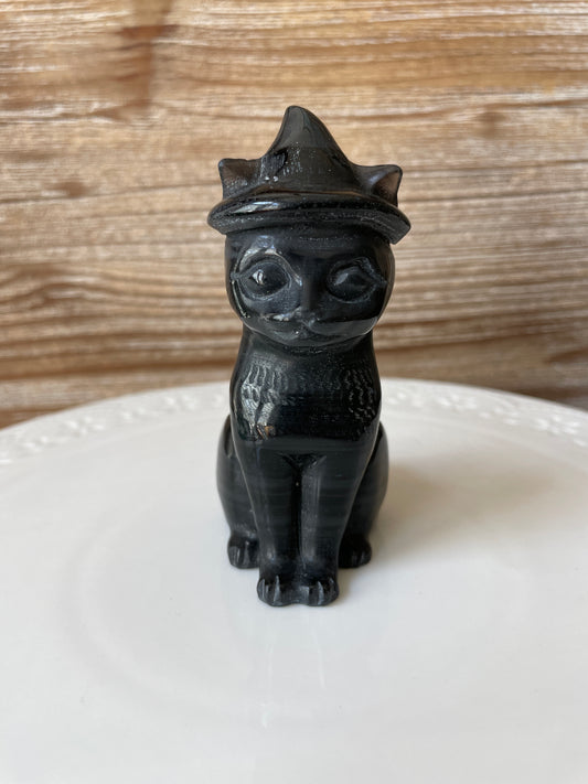 black obsidian cat black cat crystal gift for witch familiar cat wearing witch's hat figurine for altar piece