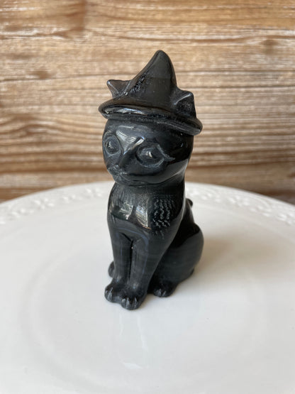 Black Obsidian Crystal Cat Wearing Witch Hat