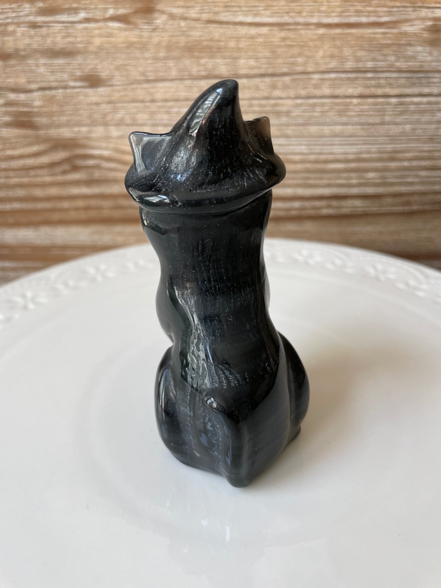 Black Obsidian Crystal Cat Wearing Witch Hat