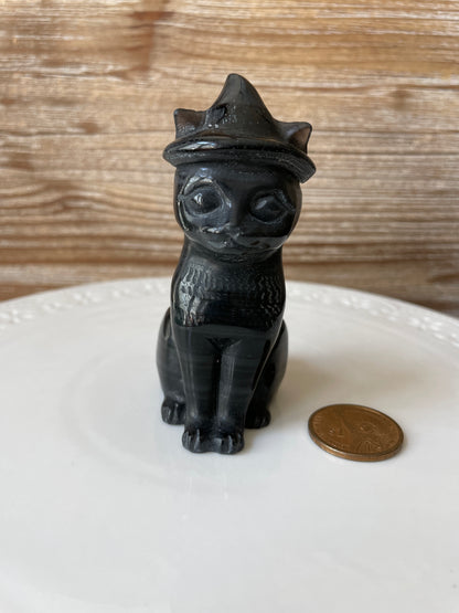 Black Obsidian Crystal Cat Wearing Witch Hat