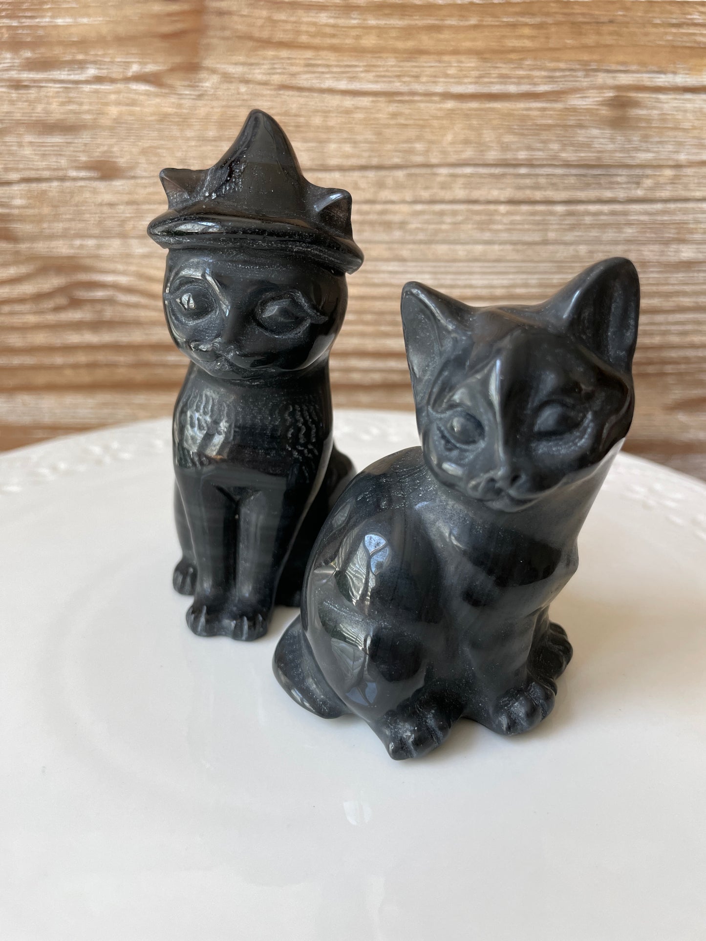 Black Obsidian Crystal Cat Wearing Witch Hat