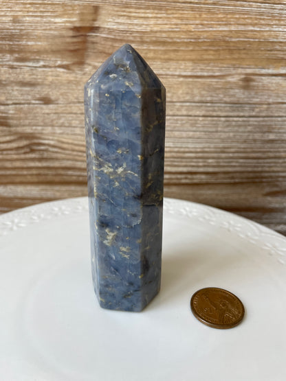 Dreamy Blue Chalcedony Crystal Tower with Stunning White Black Beige Streaks *Slightly Chipped Point