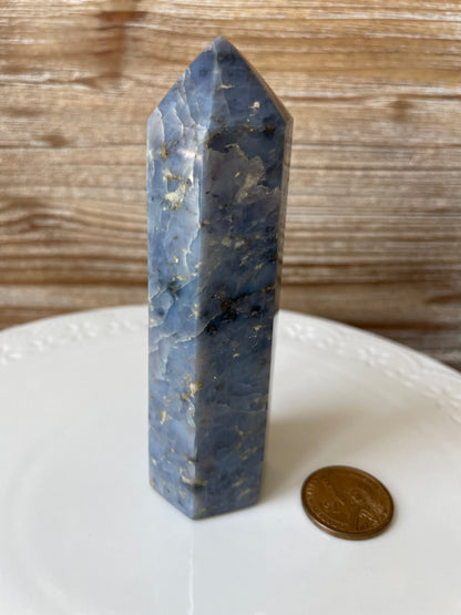 Dreamy Blue Chalcedony Crystal Tower with Stunning White Black Beige Streaks *Slightly Chipped Point