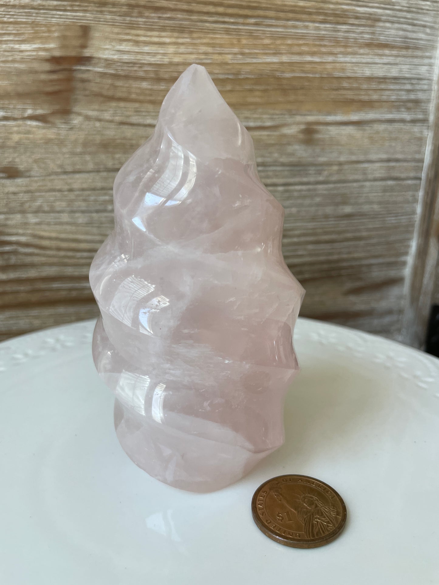 rose quartz pink crystal flame carving altar piece natural home decor rocks and gems witchy gift