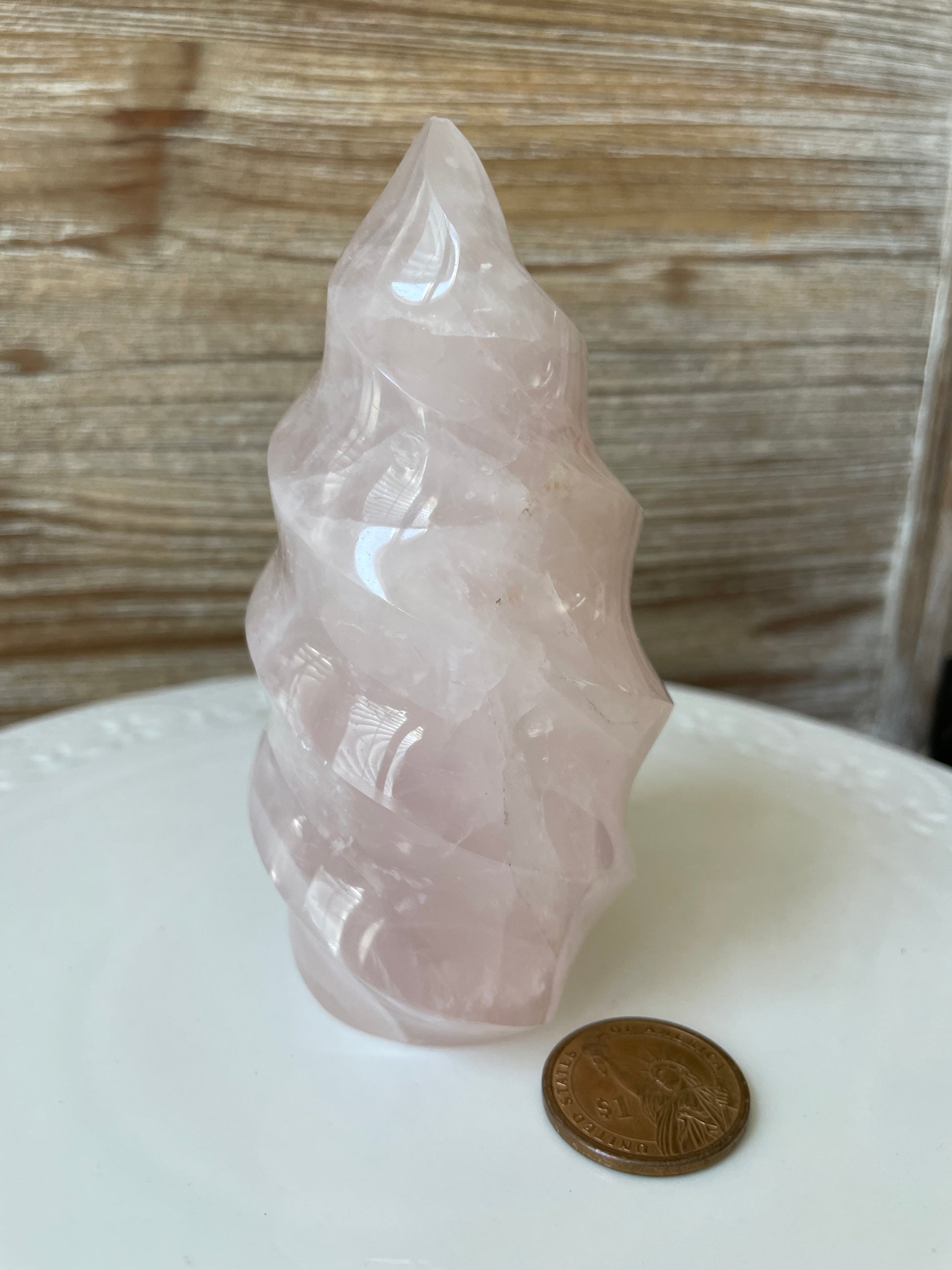 rose quartz pink crystal flame carving altar piece natural home decor rocks and gems witchy gift