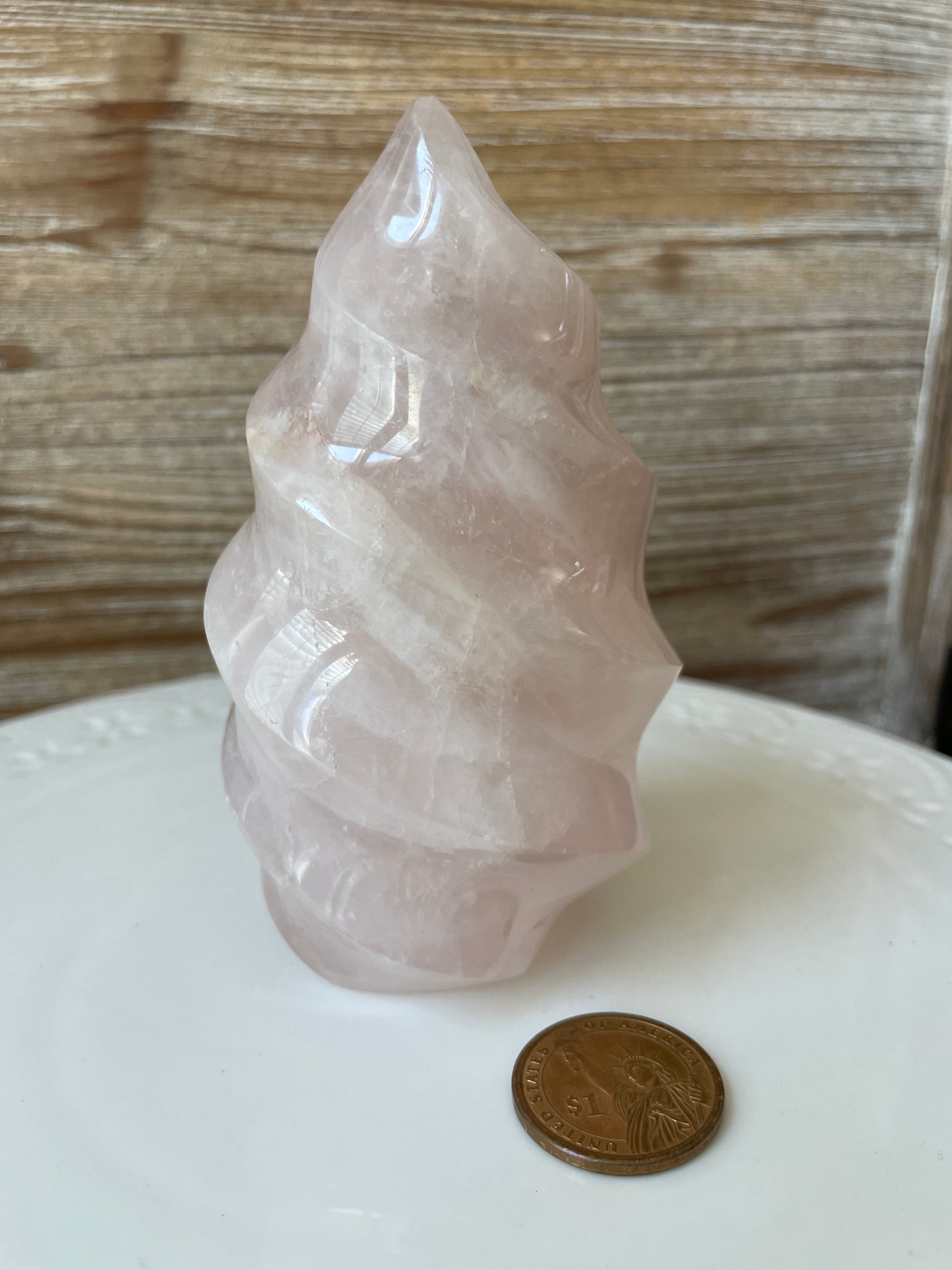 rose quartz pink crystal flame carving altar piece natural home decor rocks and gems witchy gift