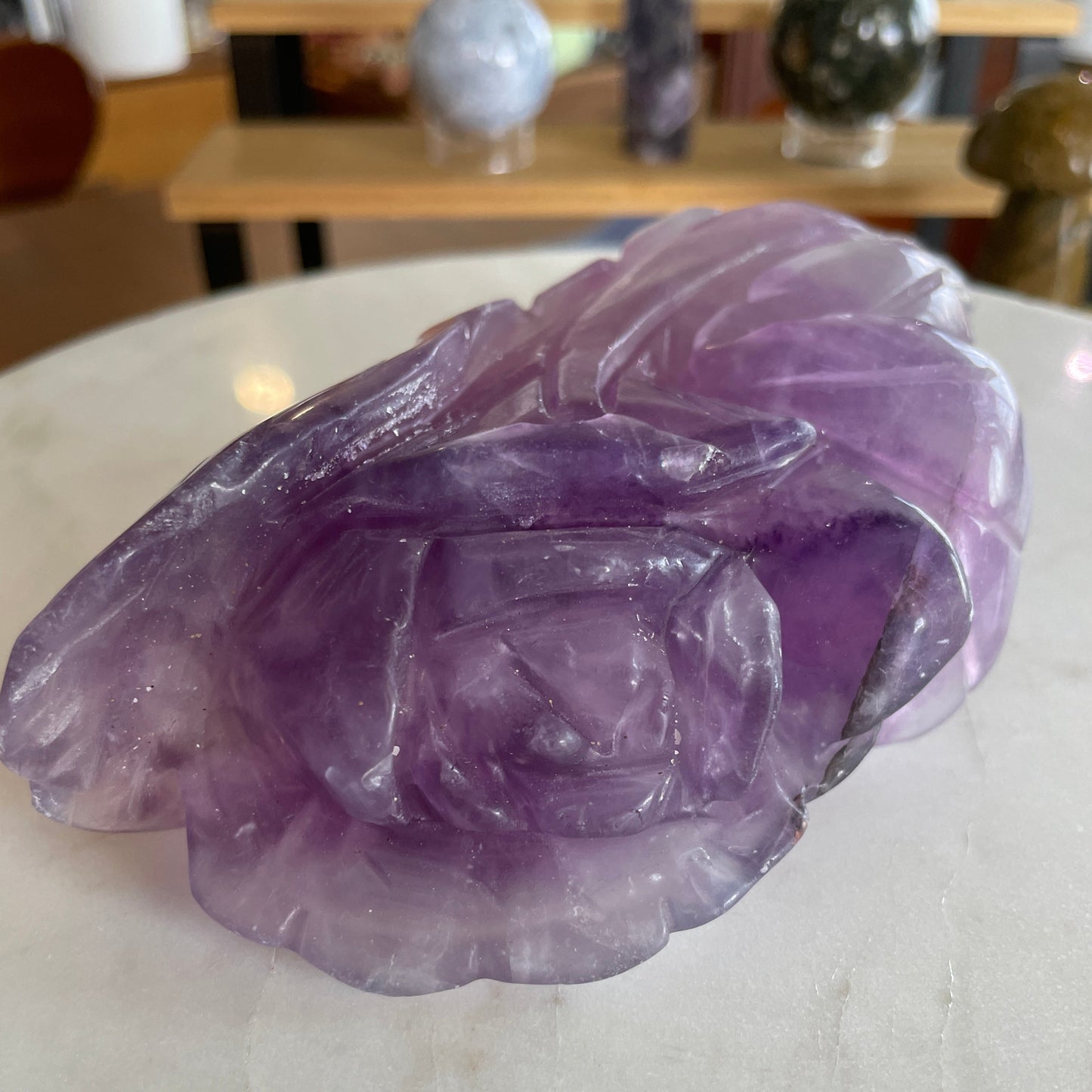 Purple banded fluorite rose crystal carving natural home decor statement piece gift