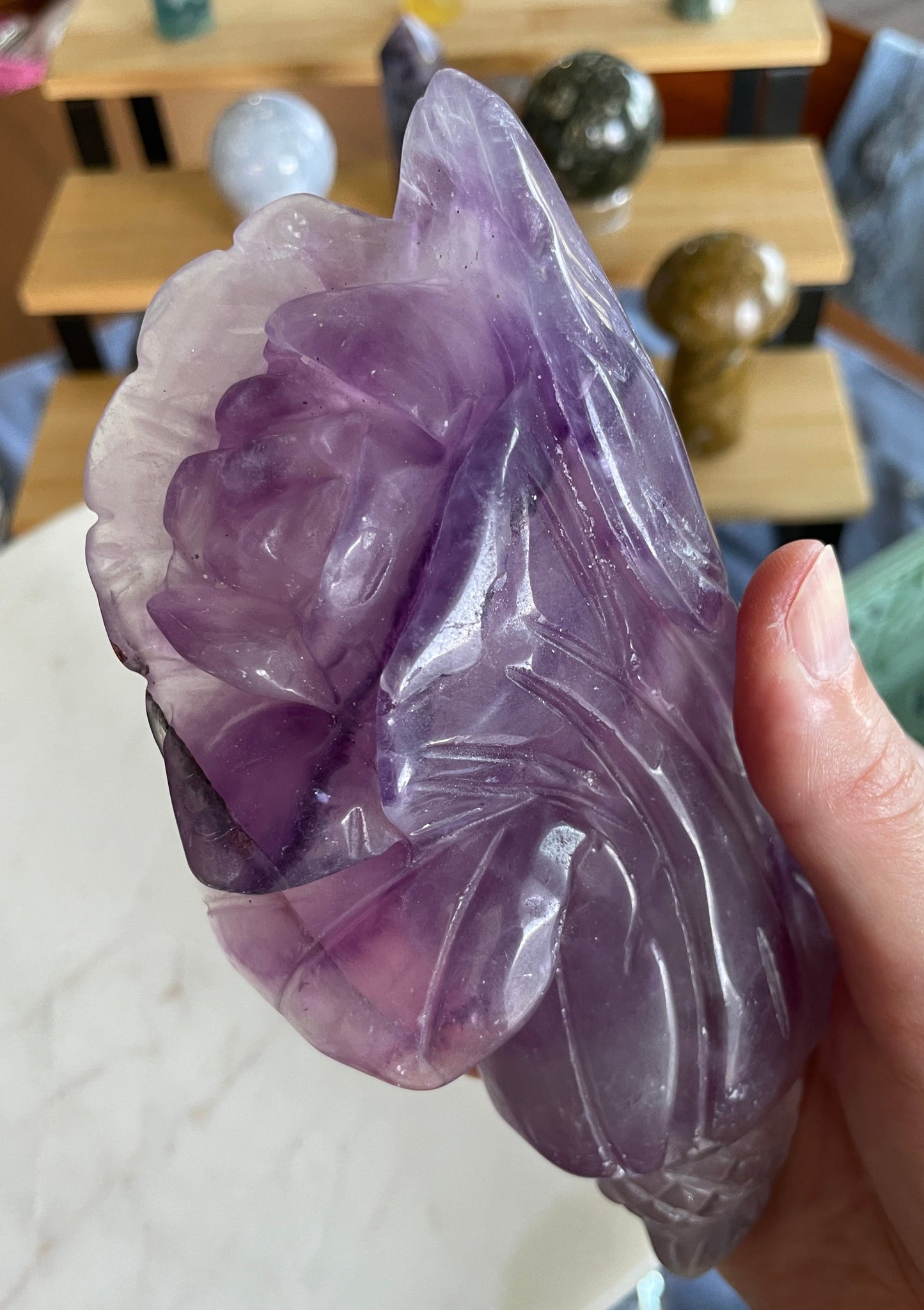 Purple banded fluorite rose crystal carving natural home decor statement piece gift