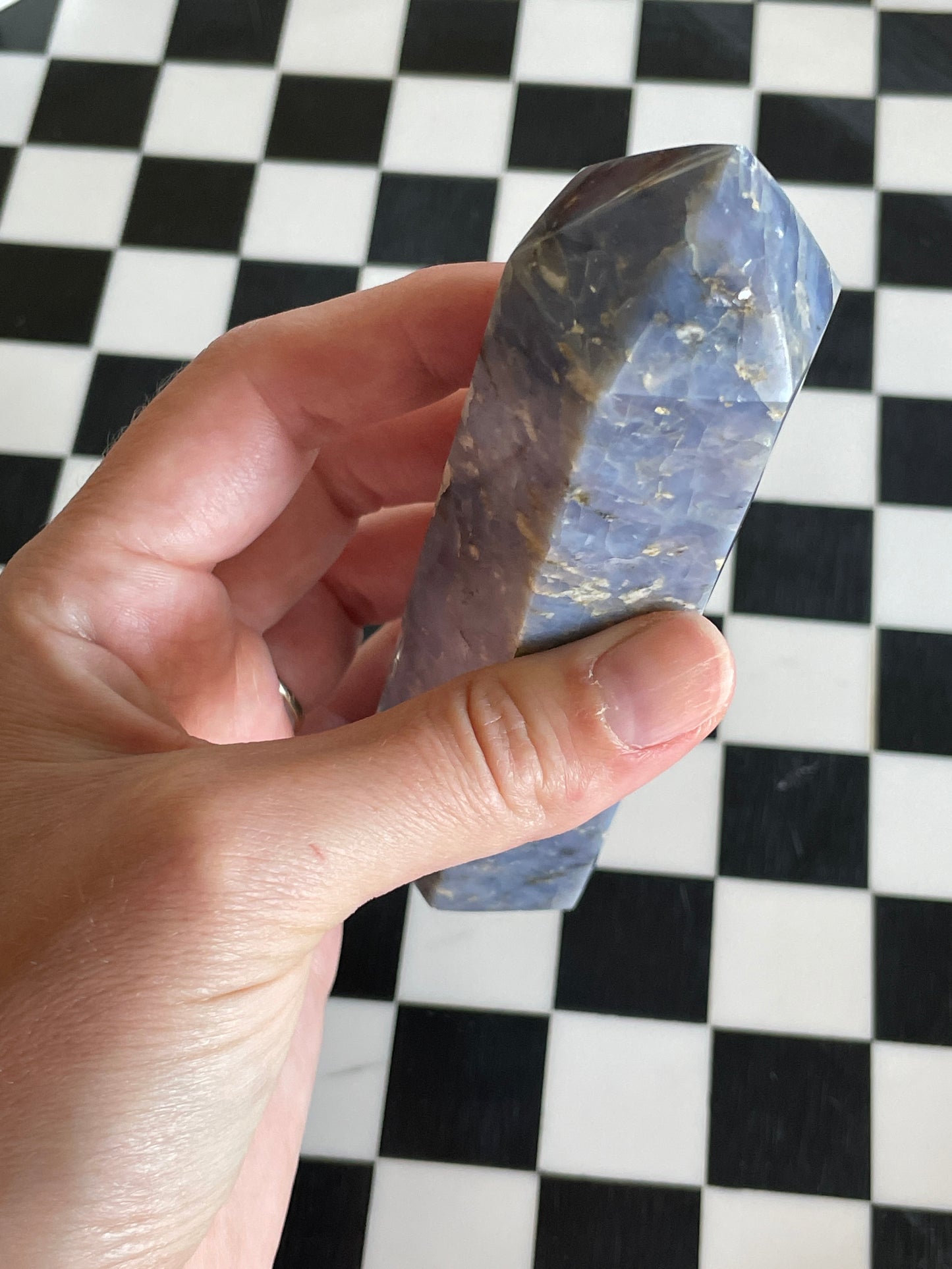 Dreamy Blue Chalcedony Crystal Tower with Stunning White Black Beige Streaks *Slightly Chipped Point