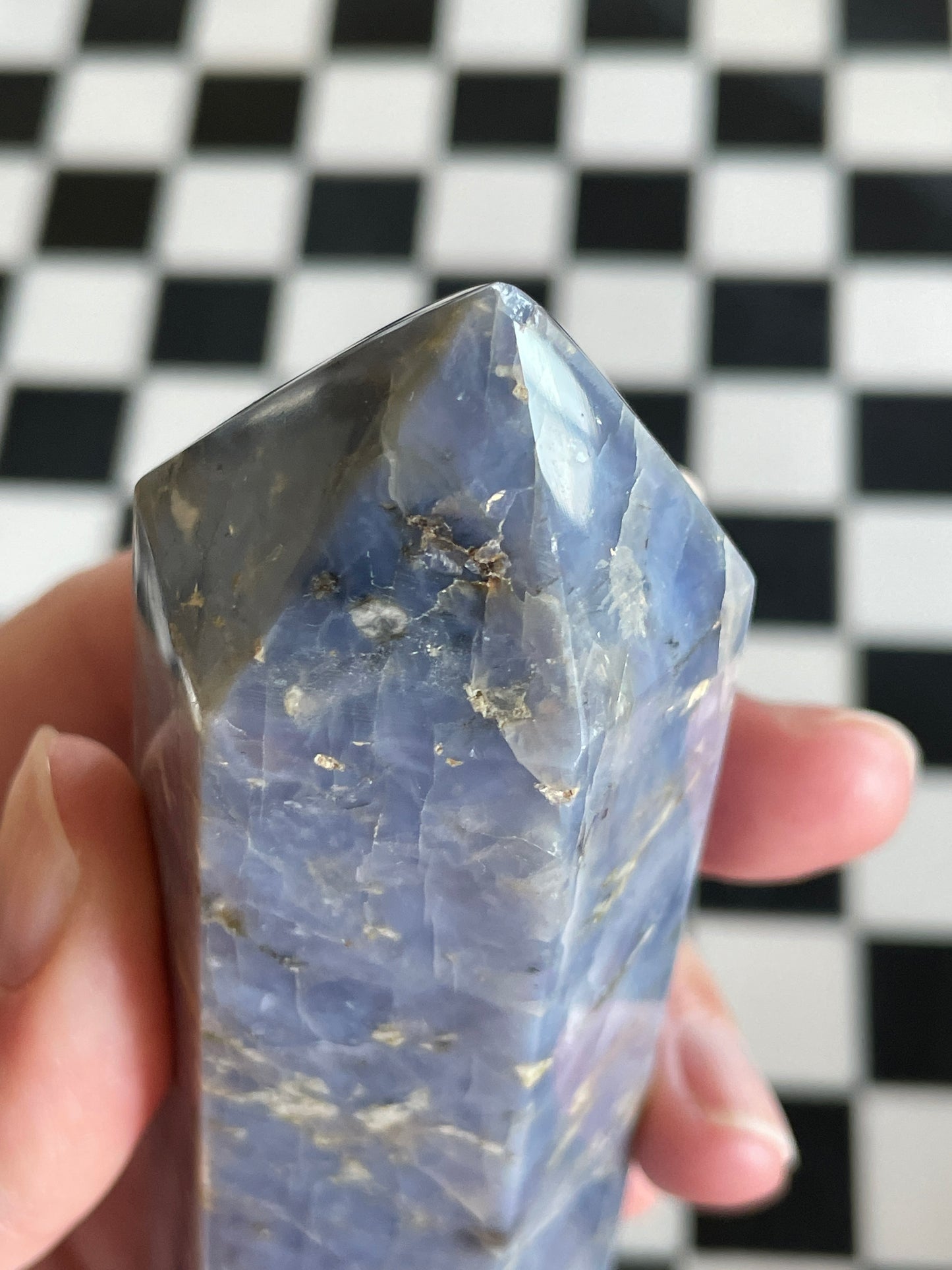 Dreamy Blue Chalcedony Crystal Tower with Stunning White Black Beige Streaks *Slightly Chipped Point