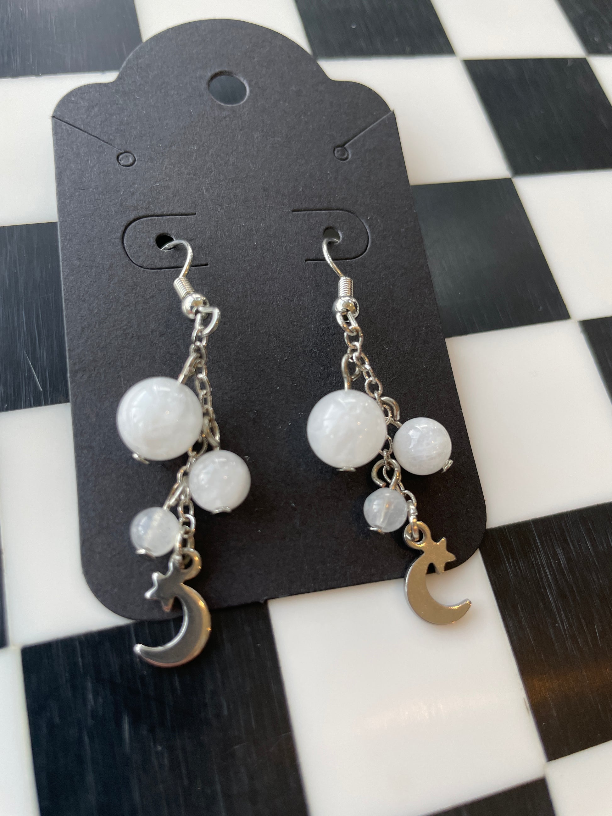 silver moon stars moonstone beads beaded dangle earrings crystal jewelry gift for wife gift for friend gift for girlfriend birthday anniversary white moonstone 