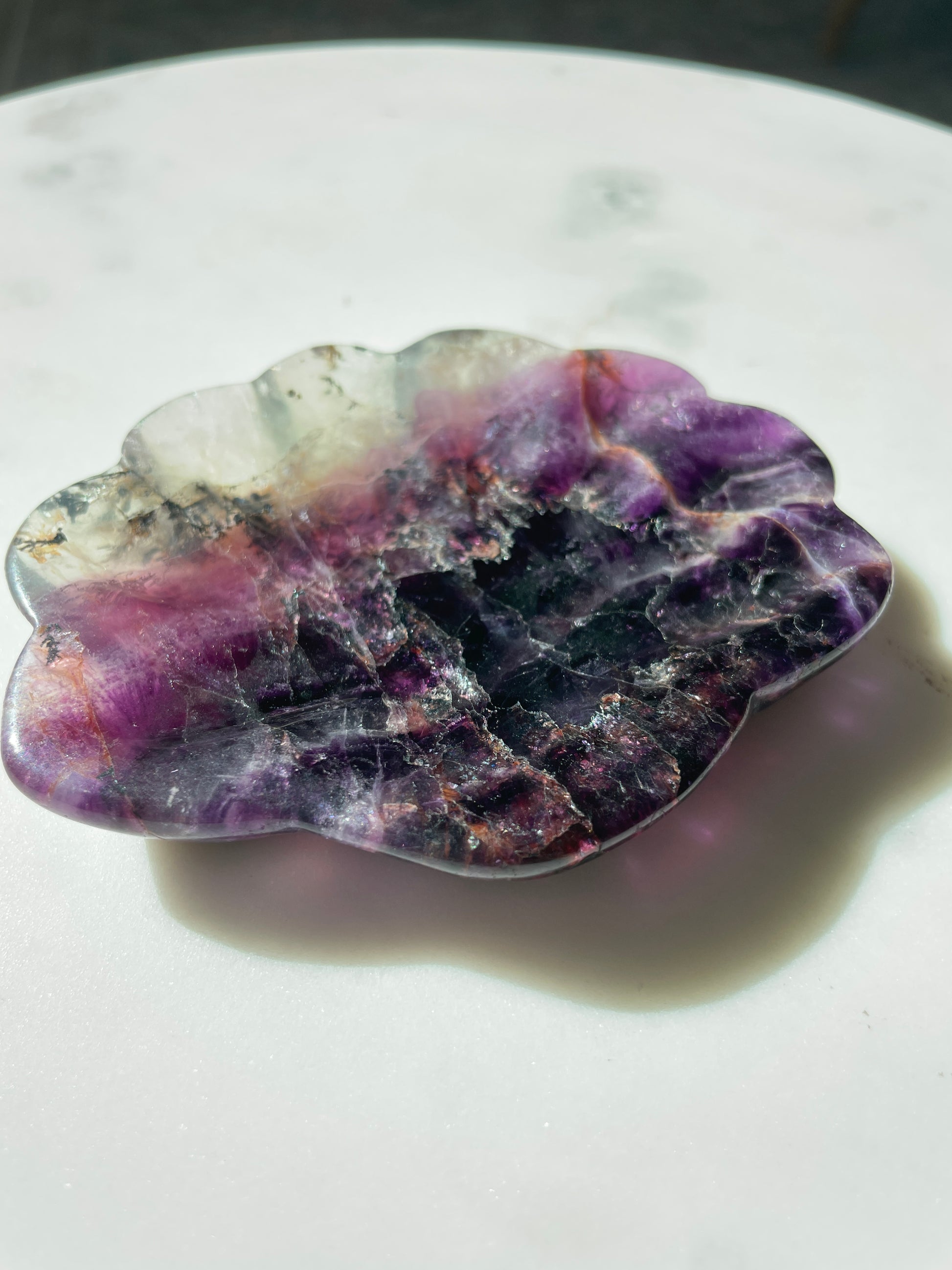 fluorite bowl fire quartz crystal purple pink crystal home decor sea shell dish ocean magic altar piece cancer gift for pisces ocean aesthetic