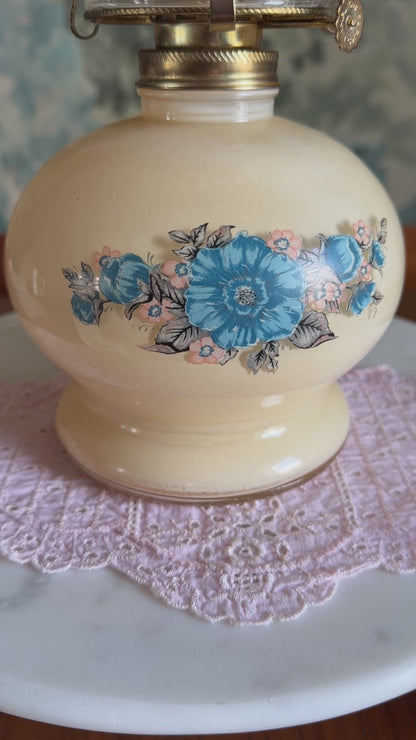 Vintage Lamplight Farms Victoria Rose Oil Lamp | Ivory Glass with Blue Floral Design | Made in USA