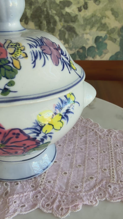 Vintage Hand Painted Porcelain Floral Footed Sugar Bowl with Lid
