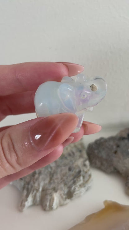 opalite elephant carving, iridescent crystal figurine symbolizing wisdom, luck, and emotional balance