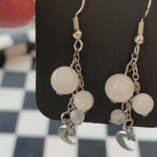 silver moon stars moonstone beads beaded dangle earrings crystal jewelry gift for wife gift for friend gift for girlfriend birthday anniversary white moonstone 