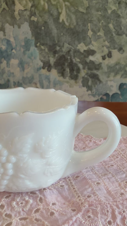 Vintage Milk Glass Grape and Vine Open Sugar Bowl with Scalloped Rim