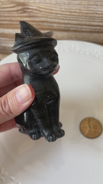 Black Obsidian Crystal Cat Wearing Witch Hat