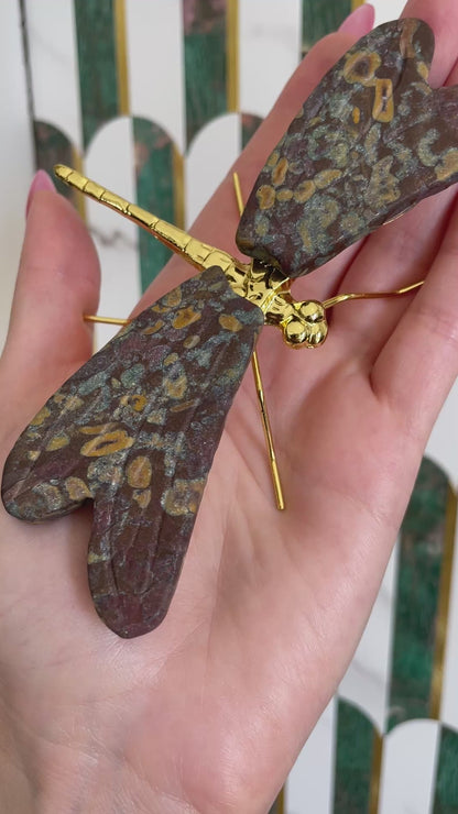 Rainforest Jasper Dragonfly Crystal Carving Natural Stone Display Piece Shimmery Multicolor Speckled Wings Gold Metal Accented Design Spiritual Transformation Symbol Manifestation Focus Crystal Statement Collection Showcase Beautiful Wings