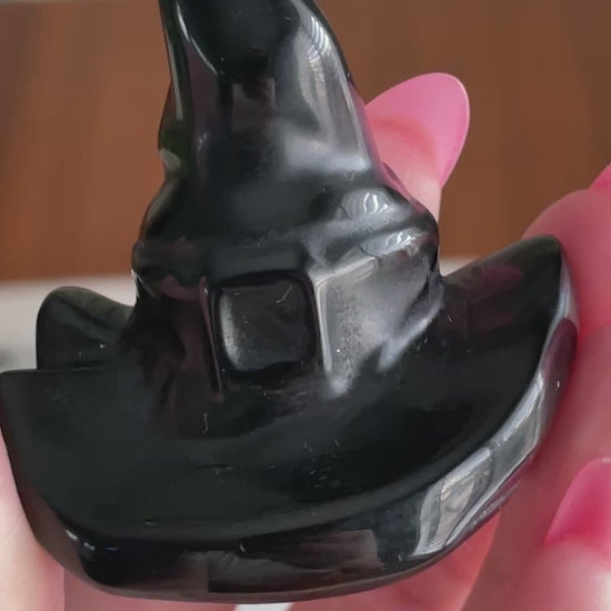 Black obsidian witch hat crystal carving black witches hat polished natural Halloween decor spooky gift wizard carving obsidian crystal display