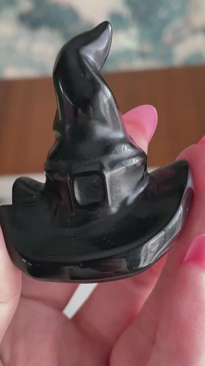 Black obsidian witch hat crystal carving black witches hat polished natural Halloween decor spooky gift wizard carving obsidian crystal display