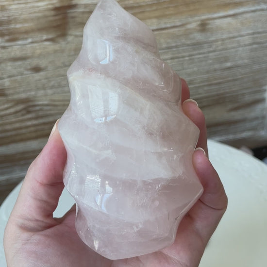 rose quartz pink crystal flame carving altar piece natural home decor rocks and gems witchy gift